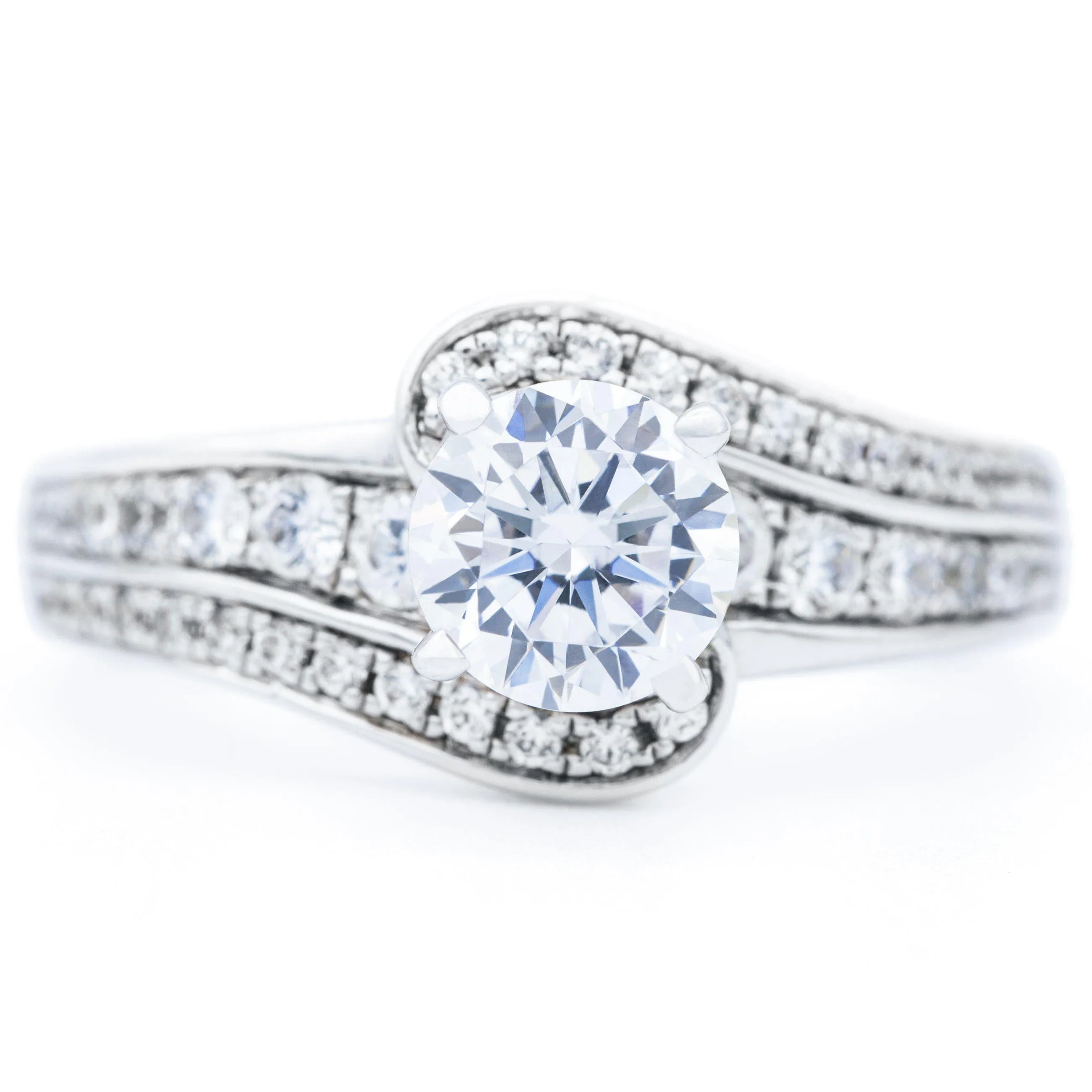 6mm Round Center 14K White Gold Bypass Engagement Ring And Wedding Contour Band Set