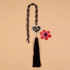 72737 - Beaded Leopard Heart Necklace - Black