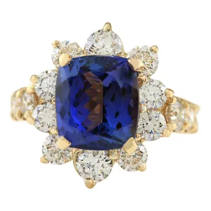 7.83 Carat Natural Tanzanite 14K Yellow Gold Diamond Ring