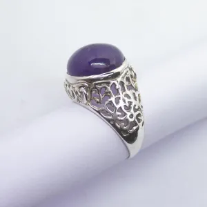 8.66g, Handmade Natural Purple Amethyst Round Cabochon 925 Sterling Silver Ring