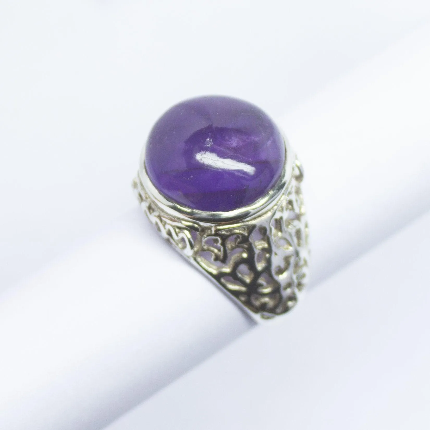 8.66g, Handmade Natural Purple Amethyst Round Cabochon 925 Sterling Silver Ring