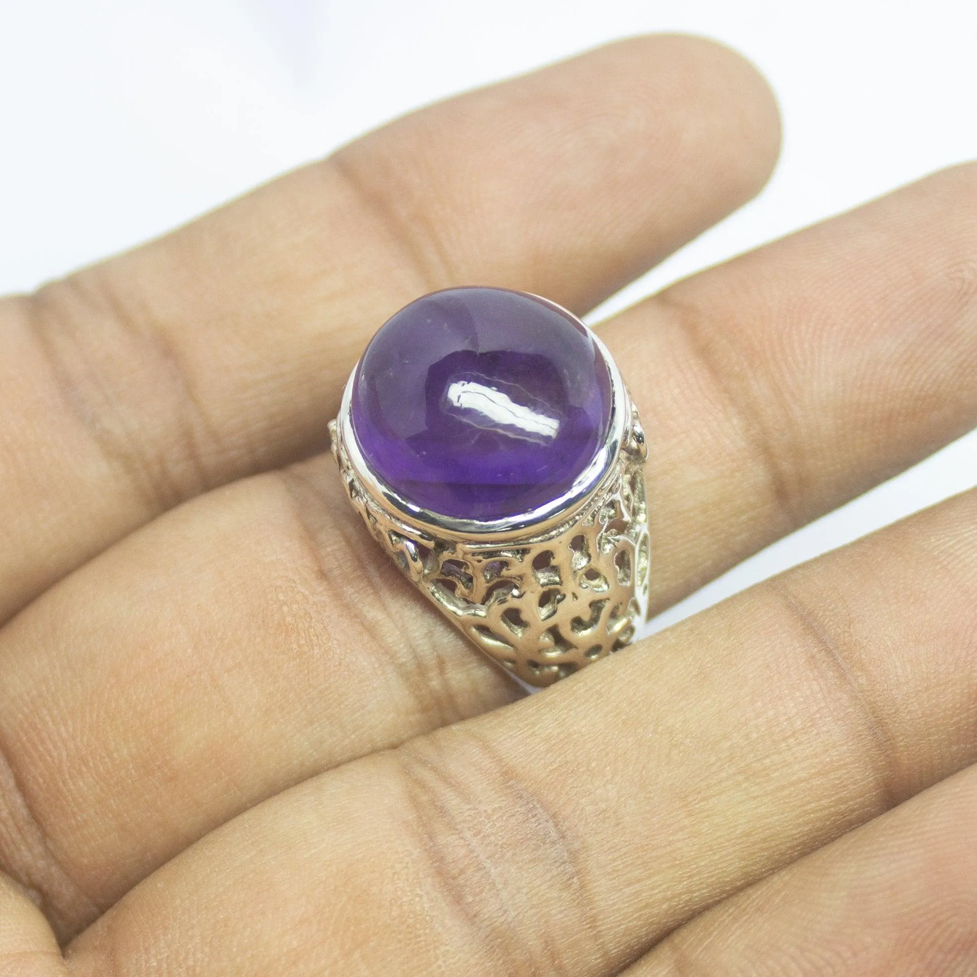 8.66g, Handmade Natural Purple Amethyst Round Cabochon 925 Sterling Silver Ring