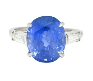 9.19 CTW No Heat Ceylon Sapphire Diamond Platinum Vintage Three Stone Ring GIA