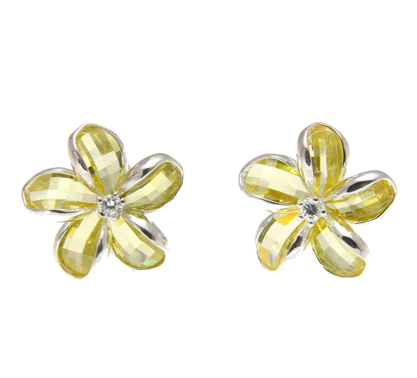 925 SILVER FACET YELLOW NATURAL CRYSTAL HAWAIIAN PLUMERIA FLOWER EARRINGS