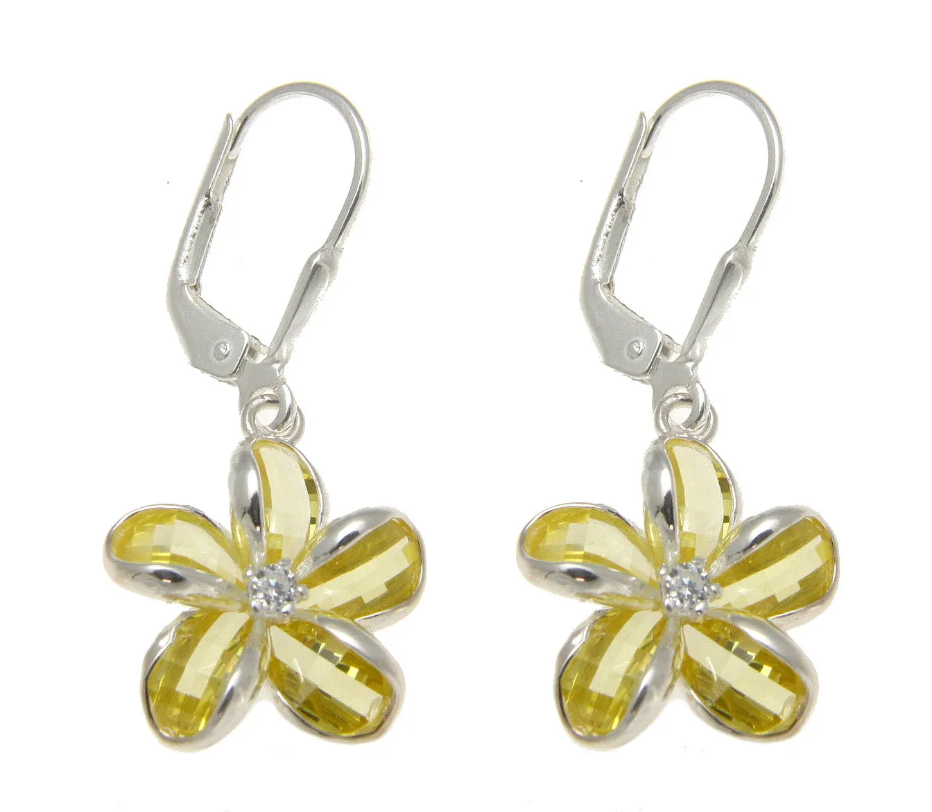 925 SILVER FACET YELLOW NATURAL CRYSTAL PLUMERIA FLOWER LEVERBACK EARRINGS
