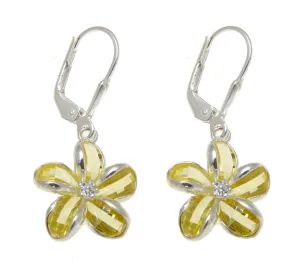 925 SILVER FACET YELLOW NATURAL CRYSTAL PLUMERIA FLOWER LEVERBACK EARRINGS