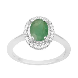 925 Sterling Silver 1.75 Ctw Oval Emerald & White Accents Women Ring