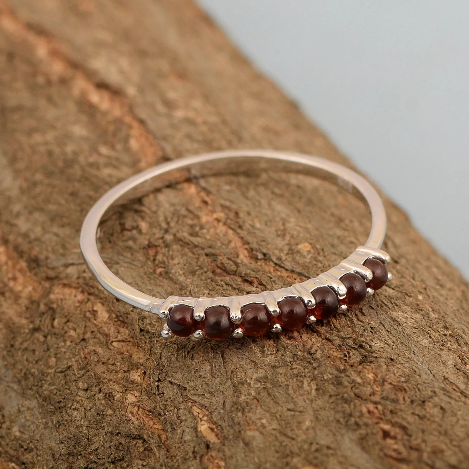 925 Sterling Silver 7-Stone 0.70 Ctw Garnet Cabochon Women Wedding Rings