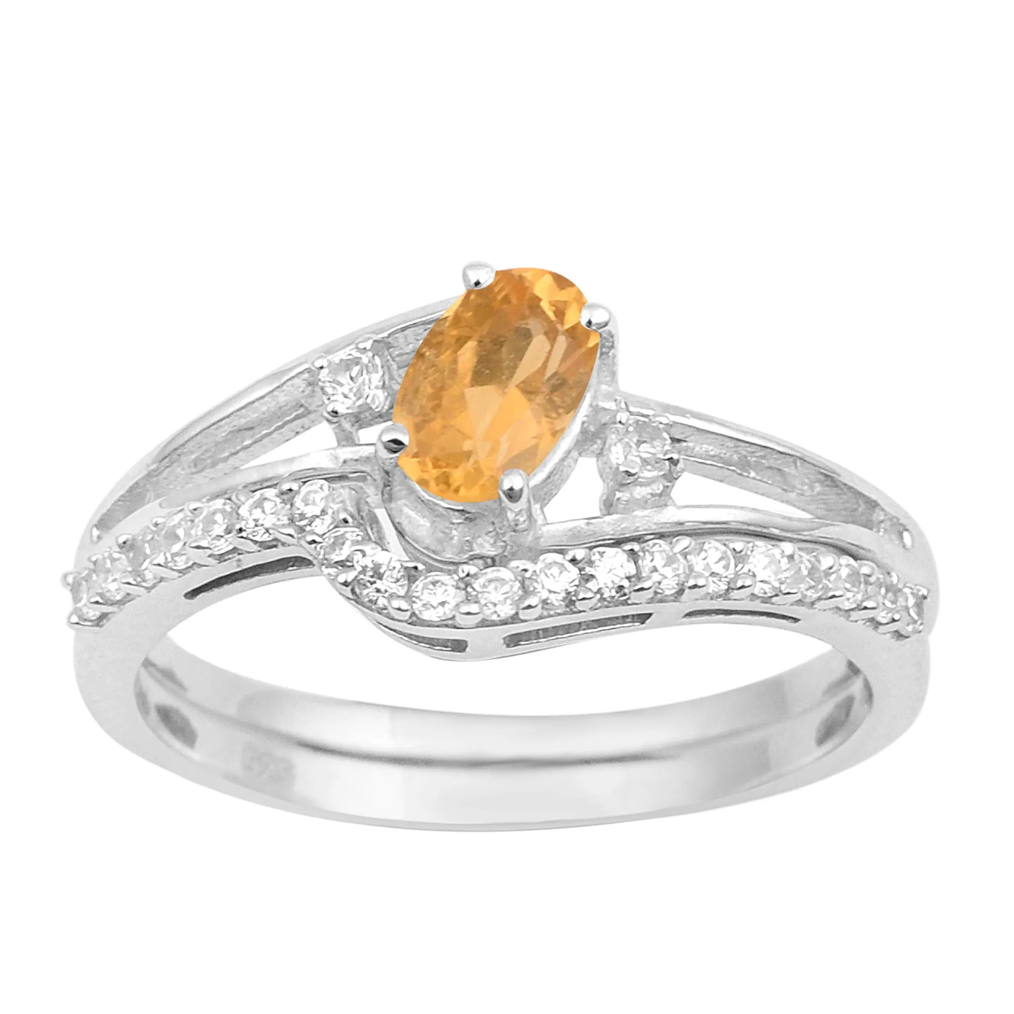 925 Sterling Silver Citrine 2pc Wedding Band Stackable Ring Set