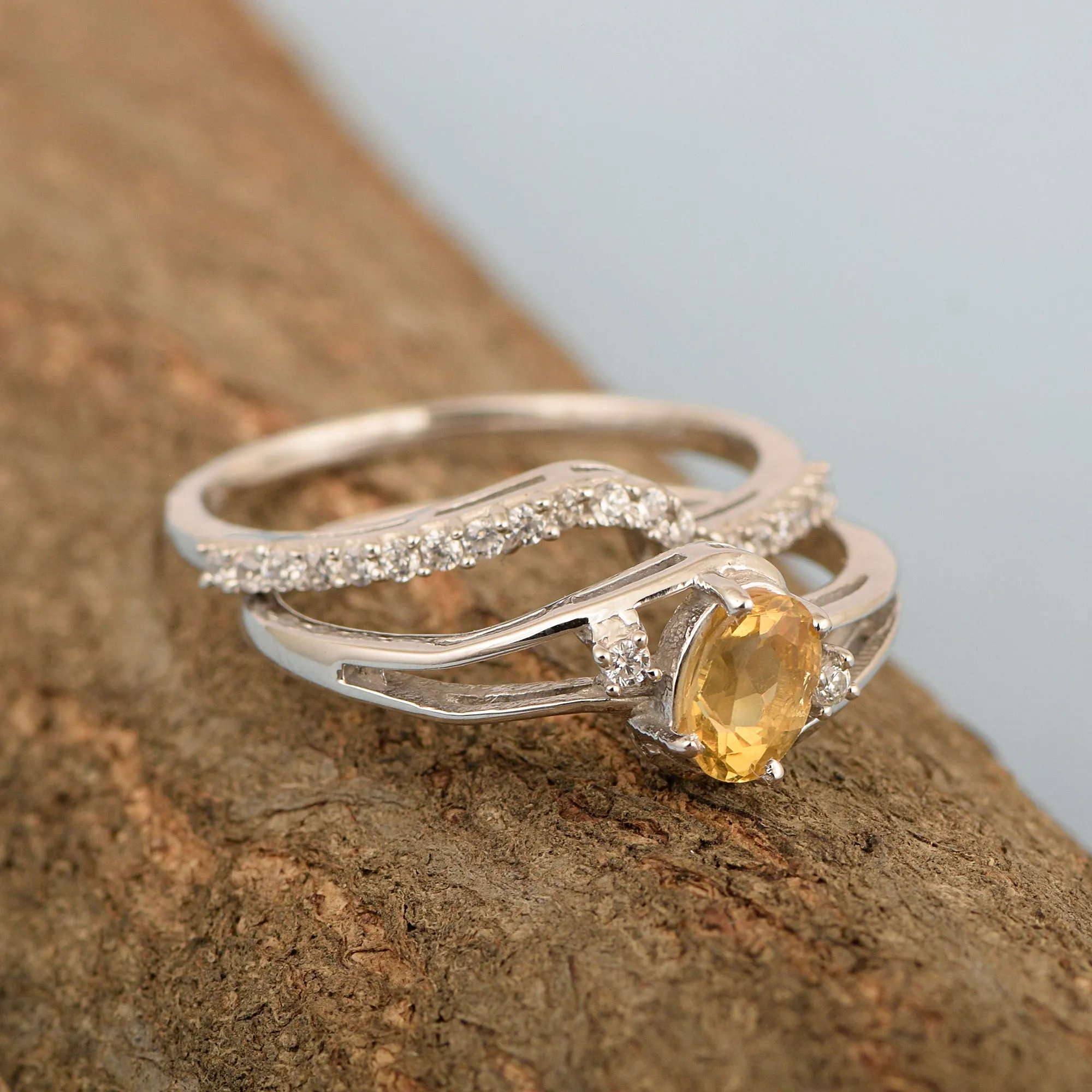 925 Sterling Silver Citrine 2pc Wedding Band Stackable Ring Set