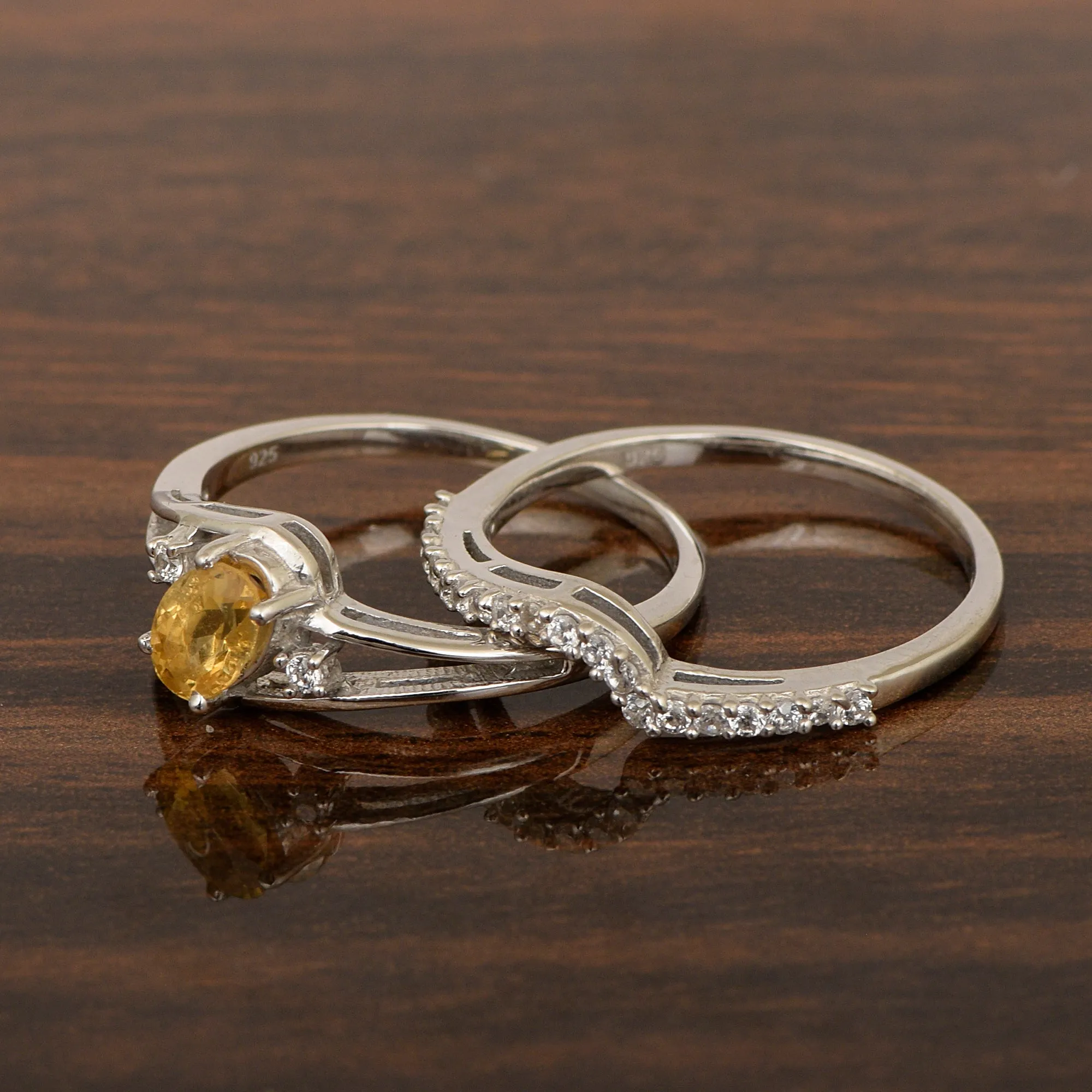 925 Sterling Silver Citrine 2pc Wedding Band Stackable Ring Set