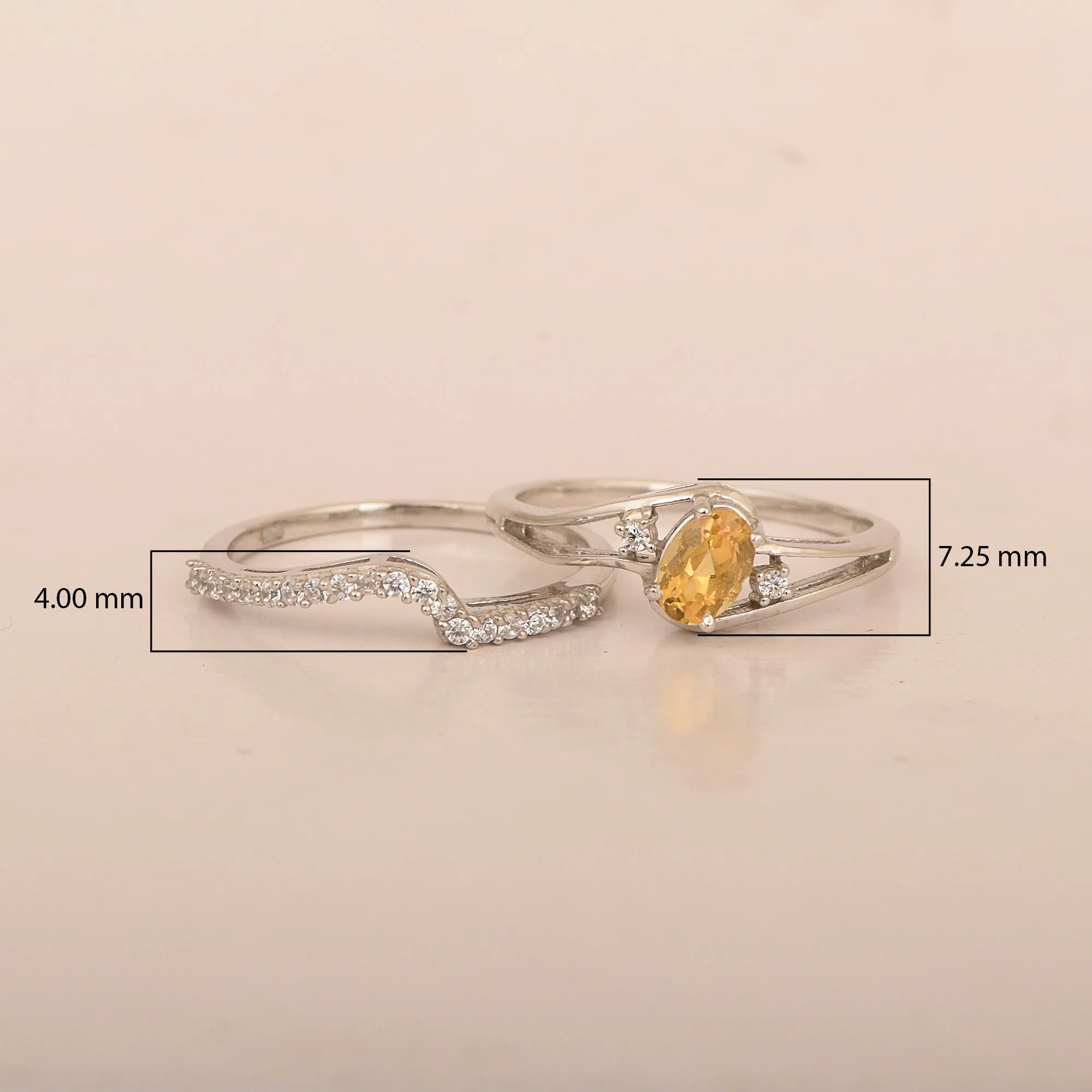 925 Sterling Silver Citrine 2pc Wedding Band Stackable Ring Set