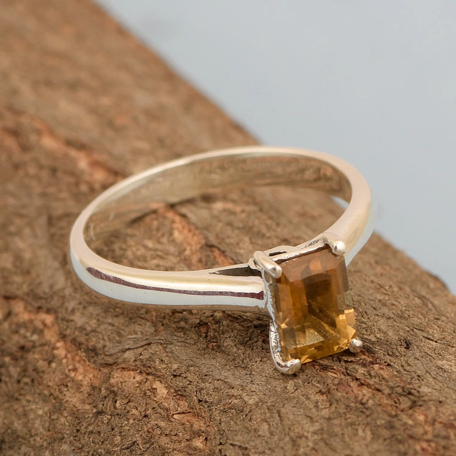 925 Sterling Silver Emerald Cut 7X5MM Citrine Solitaire Women Ring