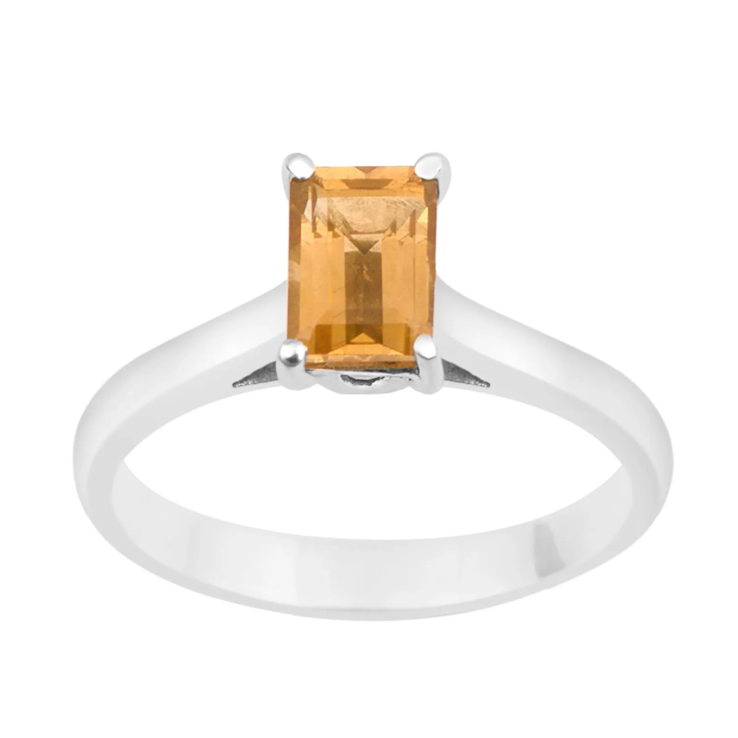 925 Sterling Silver Emerald Cut 7X5MM Citrine Solitaire Women Ring