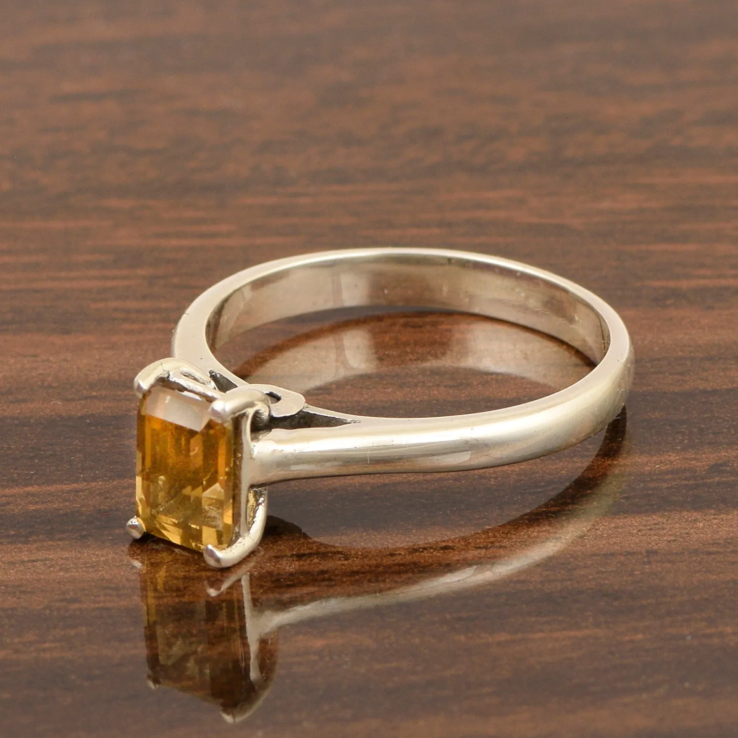 925 Sterling Silver Emerald Cut 7X5MM Citrine Solitaire Women Ring