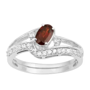 925 Sterling Silver Garnet 2pc Wedding Band Stackable Ring Set