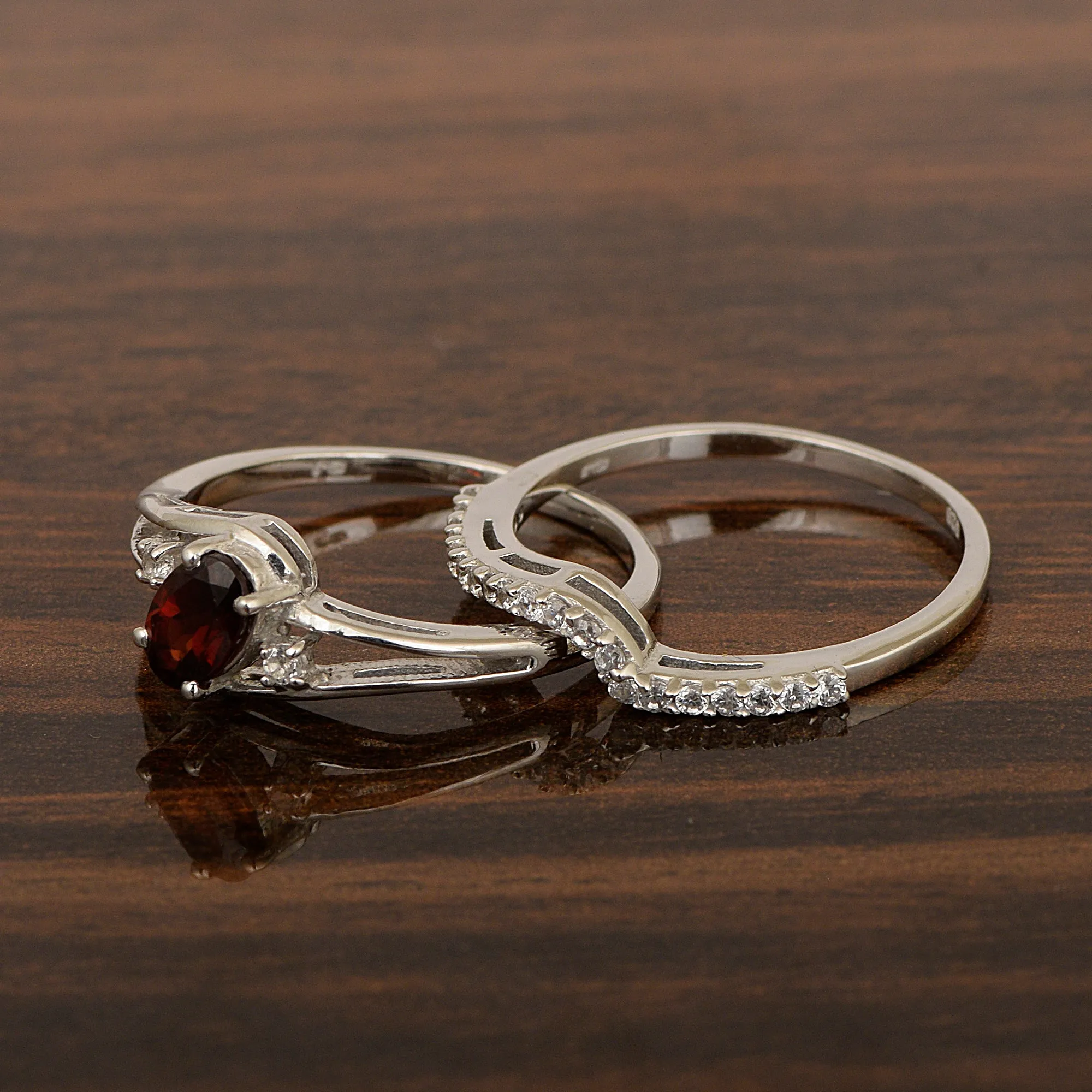 925 Sterling Silver Garnet 2pc Wedding Band Stackable Ring Set