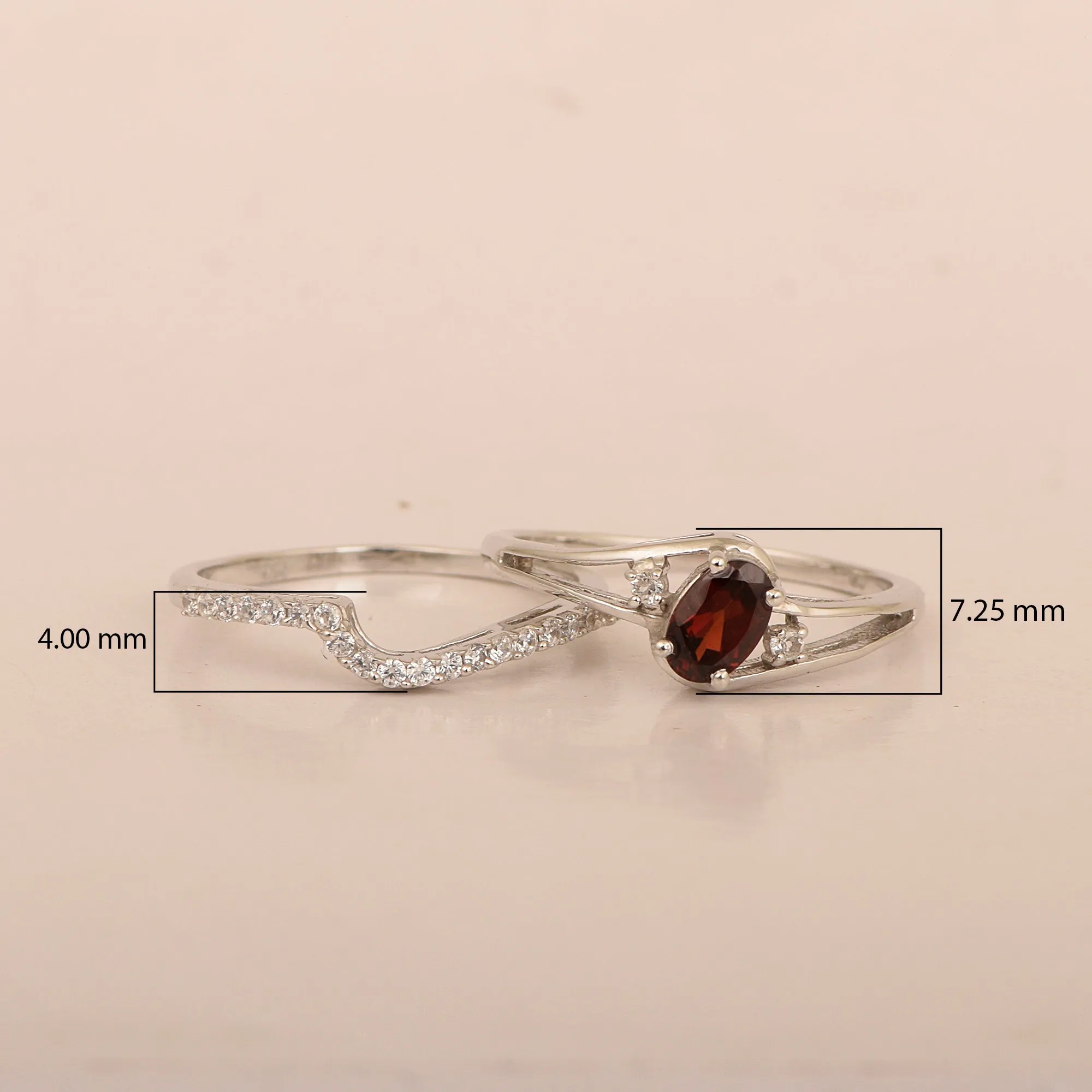 925 Sterling Silver Garnet 2pc Wedding Band Stackable Ring Set
