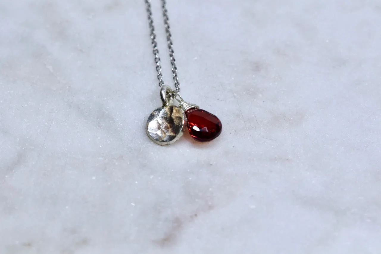 925 Sterling Silver Hammered Disc Necklace, Garnet, Handmade Hammered Disc Garnet Pendant, January Birthstone, Garnet Birthstone