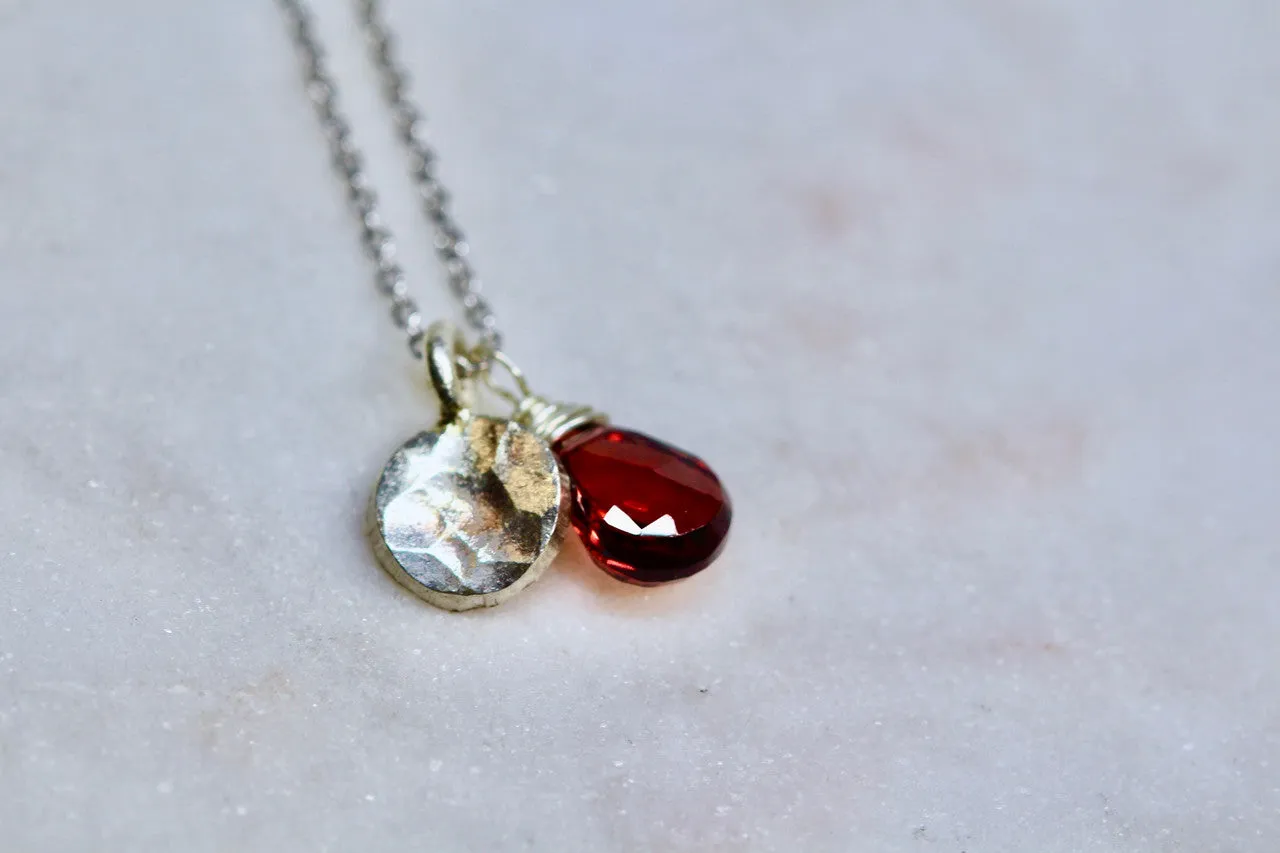 925 Sterling Silver Hammered Disc Necklace, Garnet, Handmade Hammered Disc Garnet Pendant, January Birthstone, Garnet Birthstone