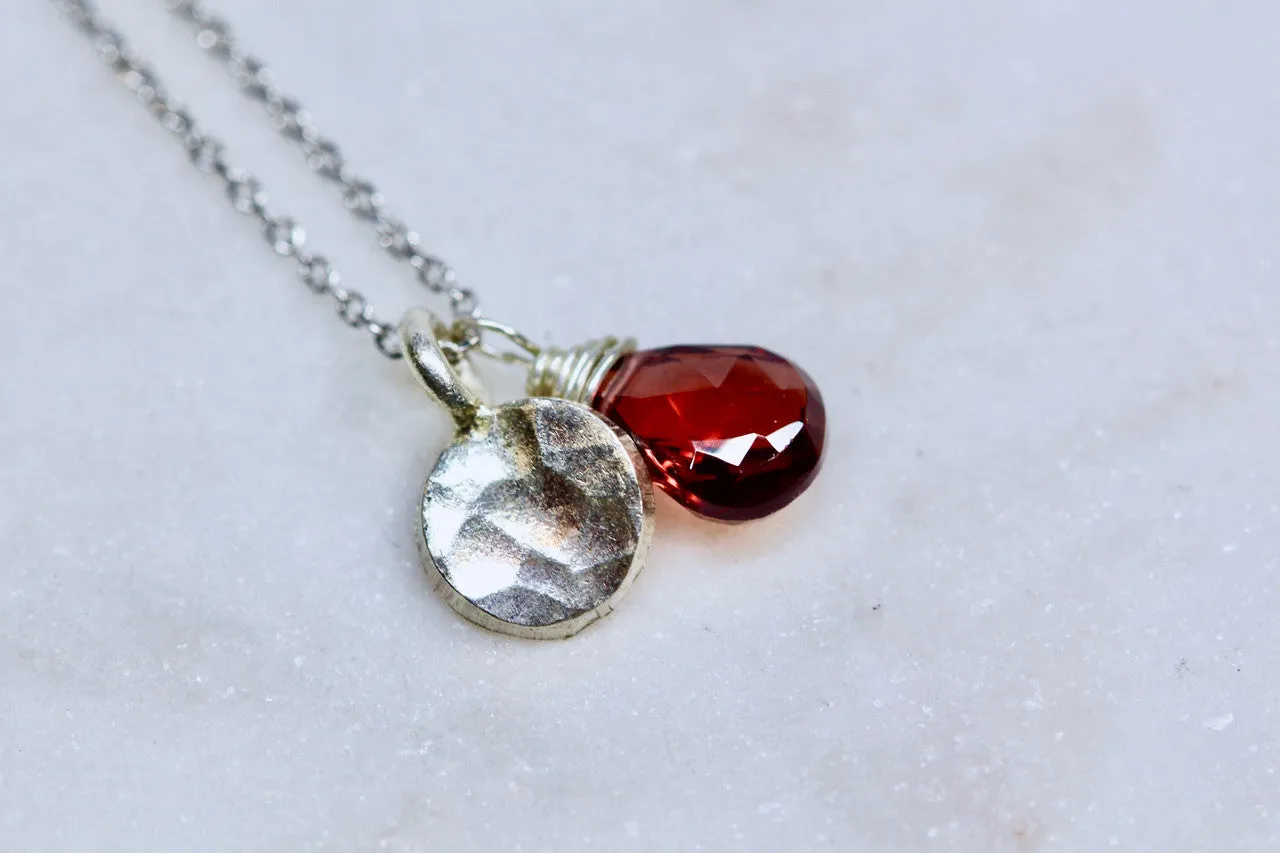 925 Sterling Silver Hammered Disc Necklace, Garnet, Handmade Hammered Disc Garnet Pendant, January Birthstone, Garnet Birthstone