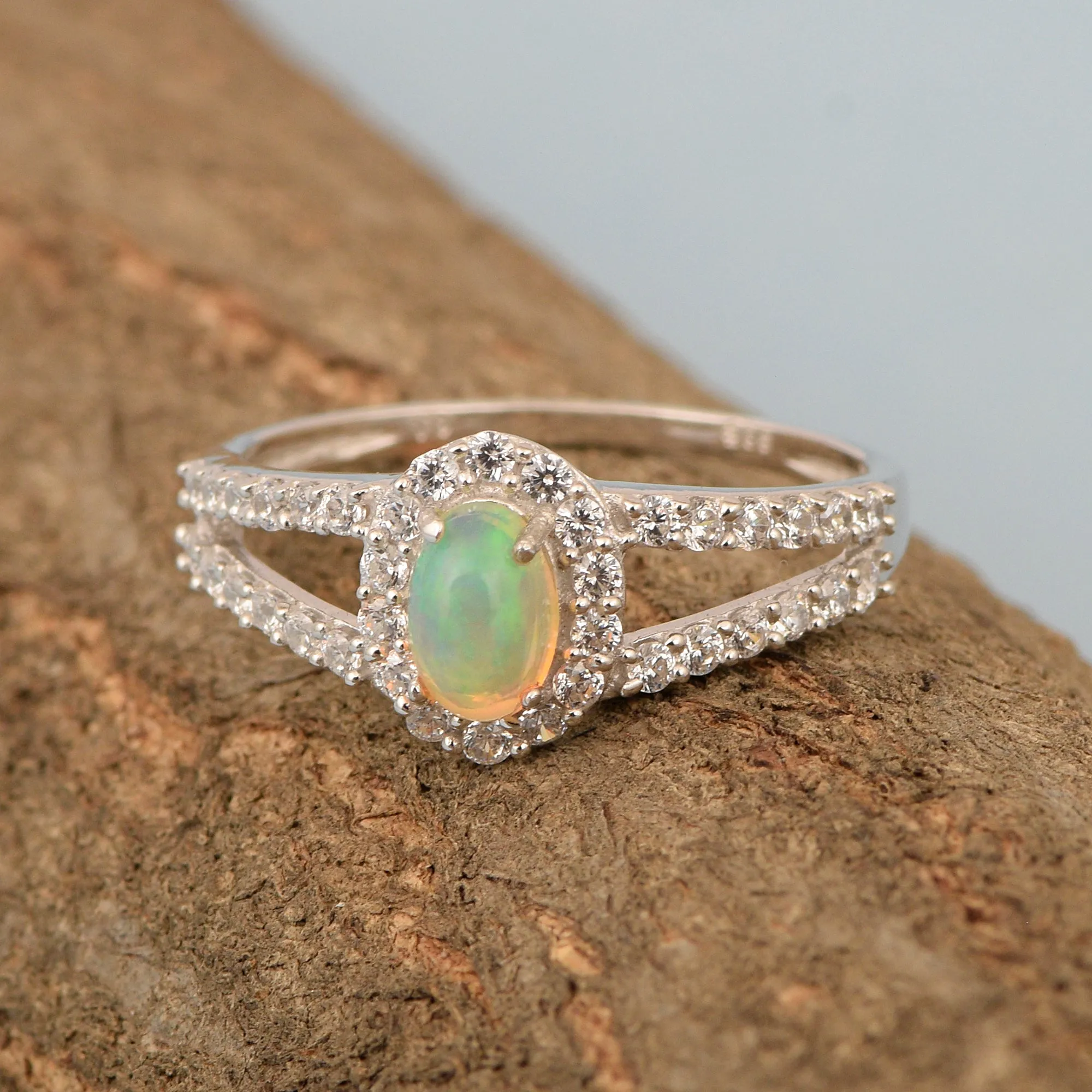 925 Sterling Silver Oval 0.50 Ctw Opal Women Engagement Ring