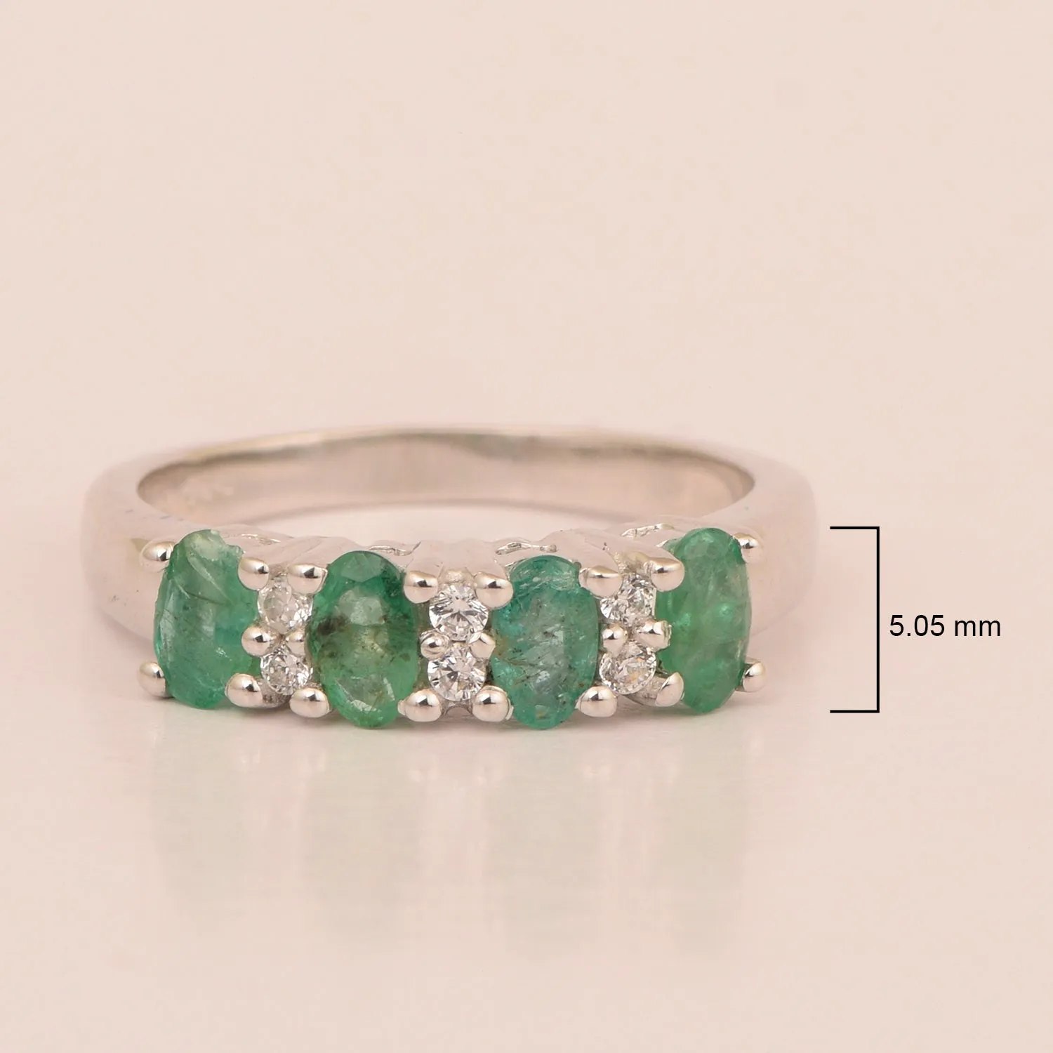 925 Sterling Silver Oval 5X3MM Emerald & White Topaz Women Wedding Ring