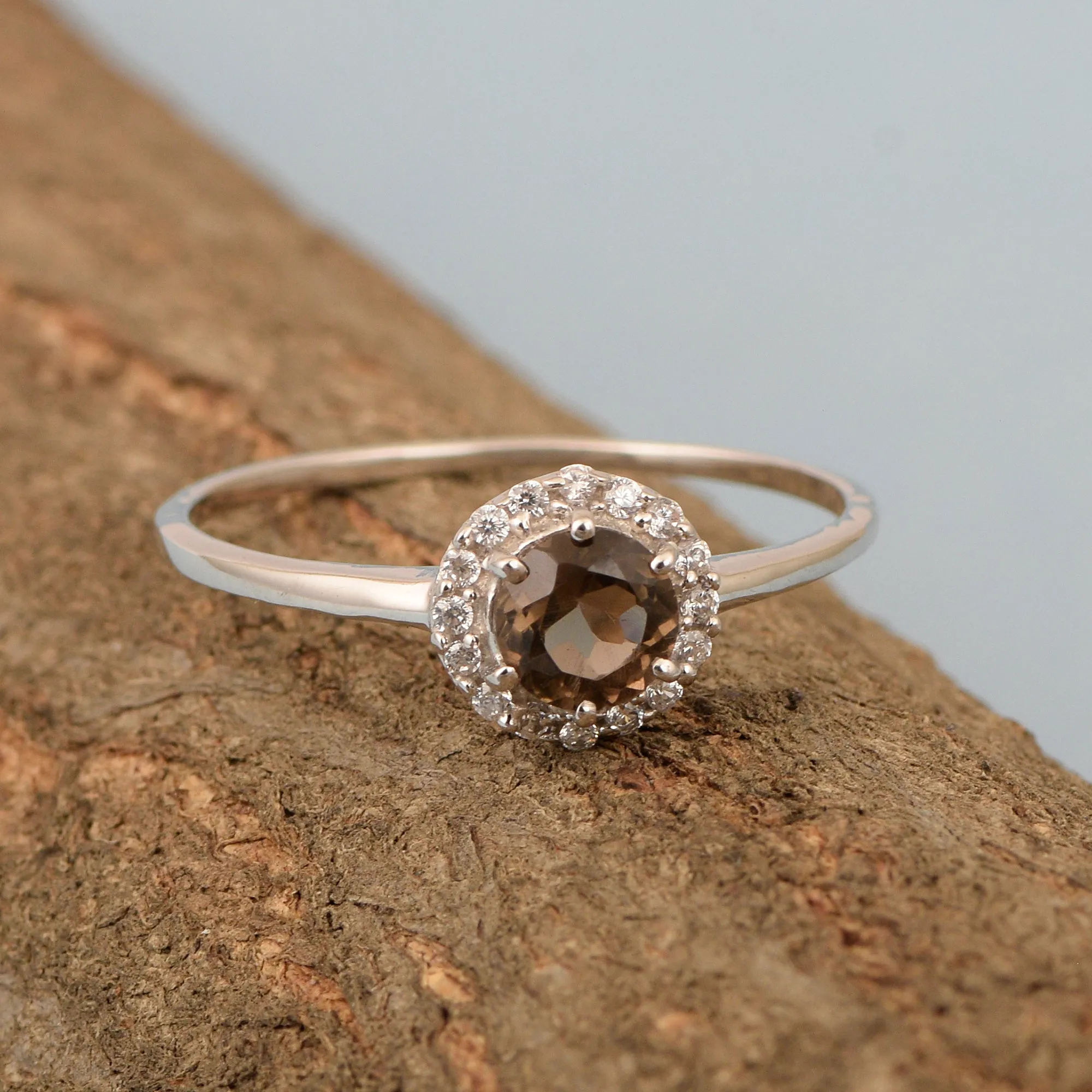925 Sterling Silver Round 5MM Smoky Quartz Solitaire Accents Ring