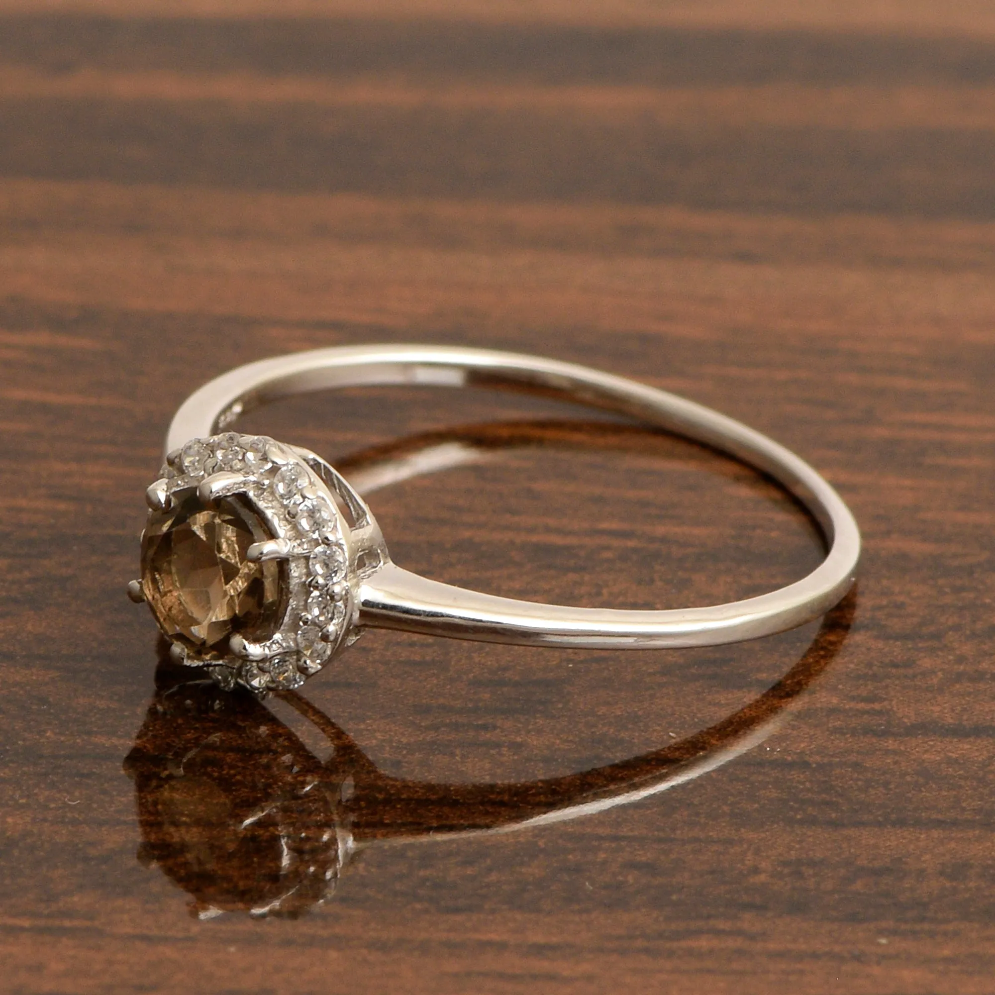 925 Sterling Silver Round 5MM Smoky Quartz Solitaire Accents Ring