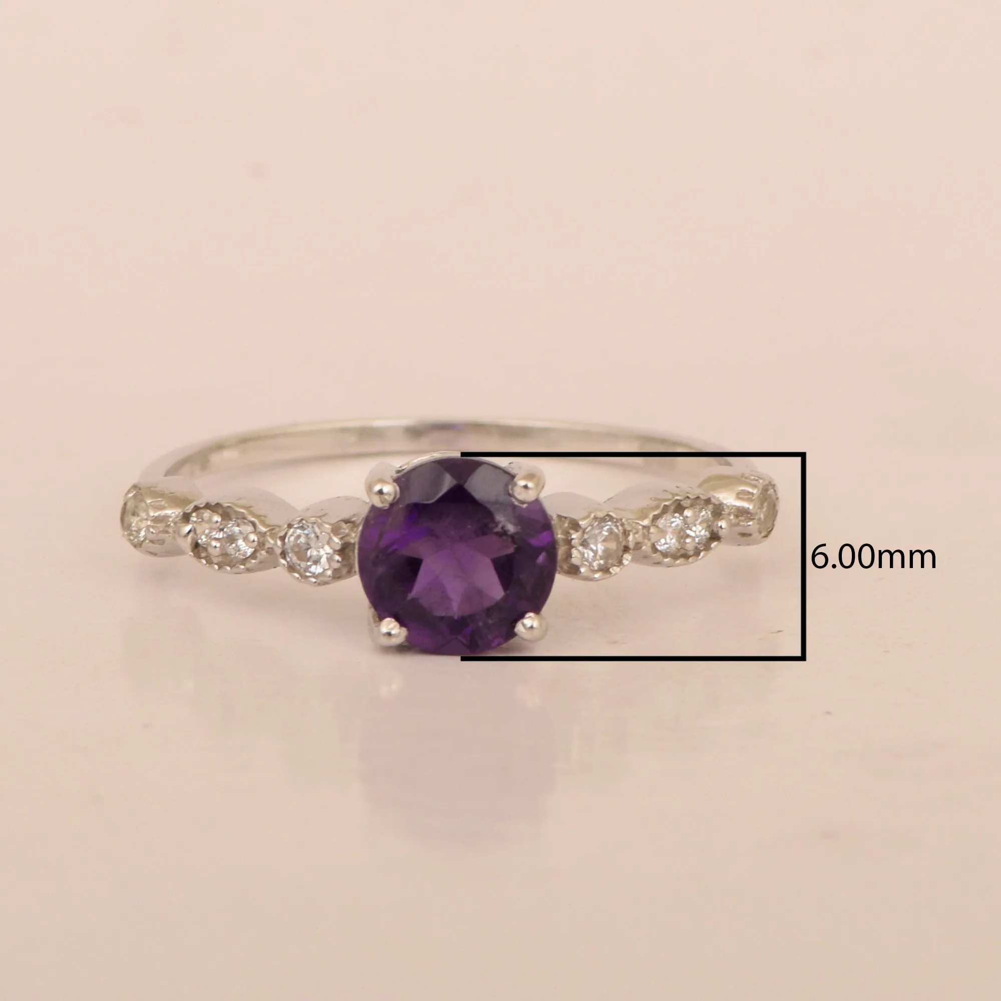925 Sterling Silver Solitaire Round 6mm Amethyst Women Ring
