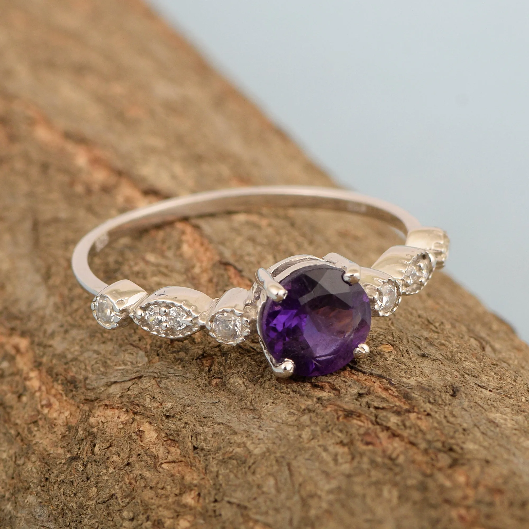 925 Sterling Silver Solitaire Round 6mm Amethyst Women Ring