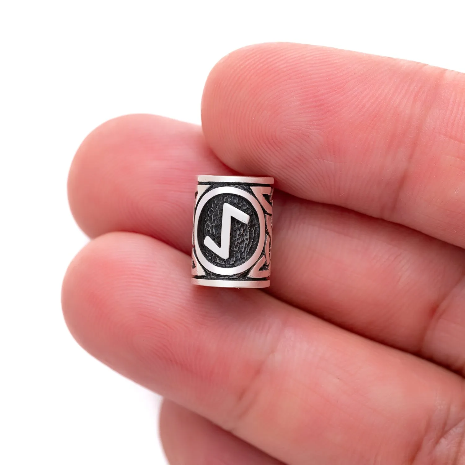 925 Sterling Silver Viking Beard Hair Bead with Rune Ihwaz