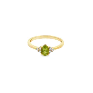 9ct Yellow Gold Ring with Oval Peridot and Trio Cluster Diamonds on either side