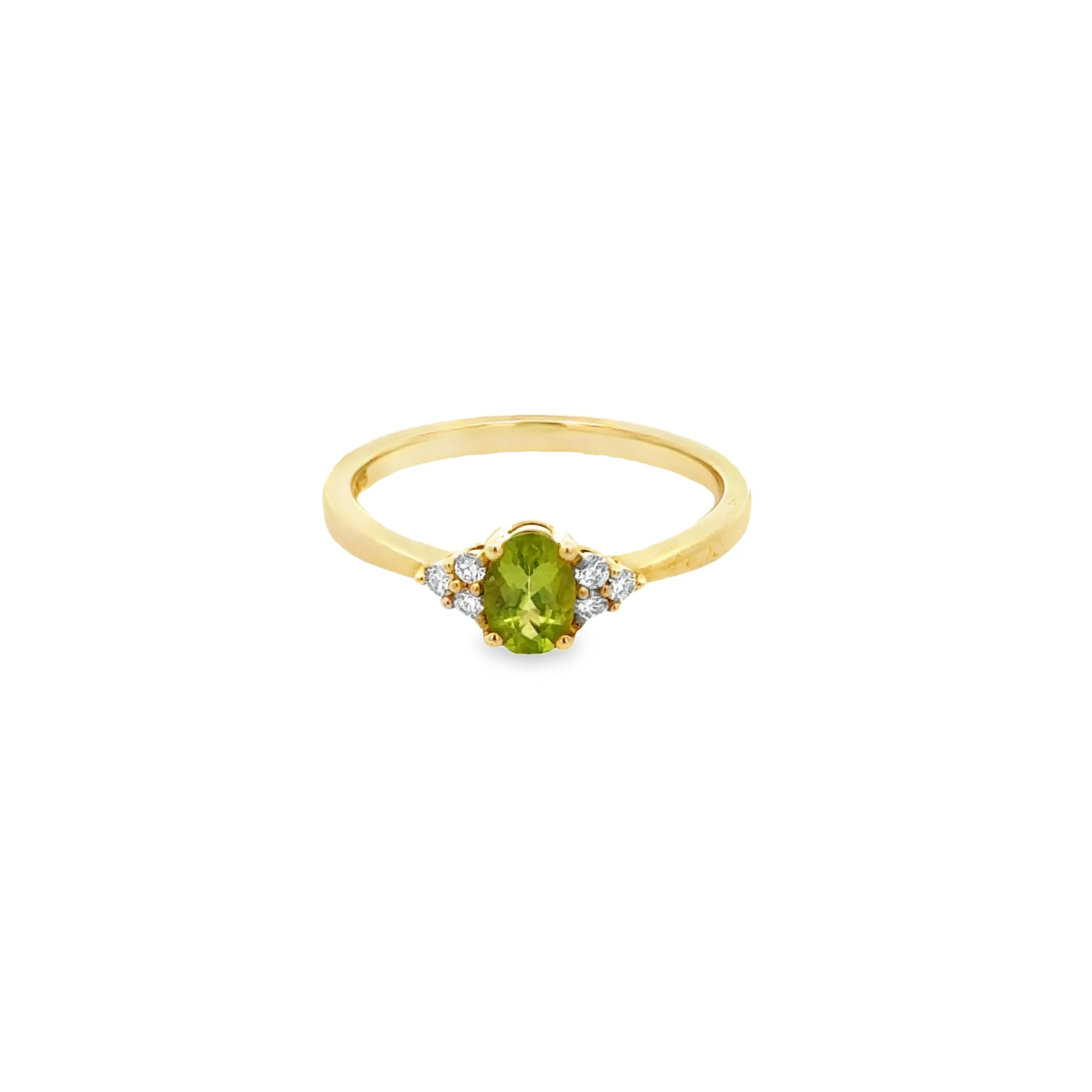 9ct Yellow Gold Ring with Oval Peridot and Trio Cluster Diamonds on either side