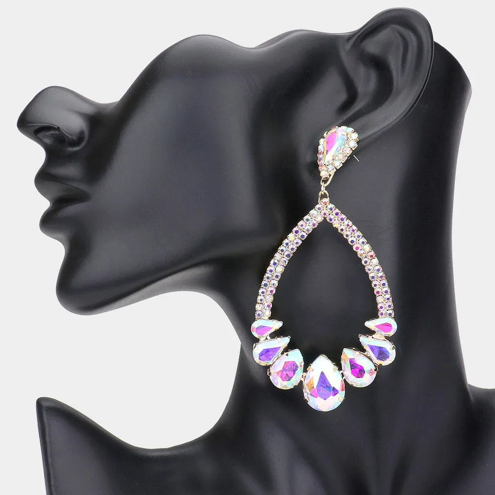 AB Crystal Teardrop Stone Chandelier Pageant Earrings on Gold | Prom Earrings | 548570
