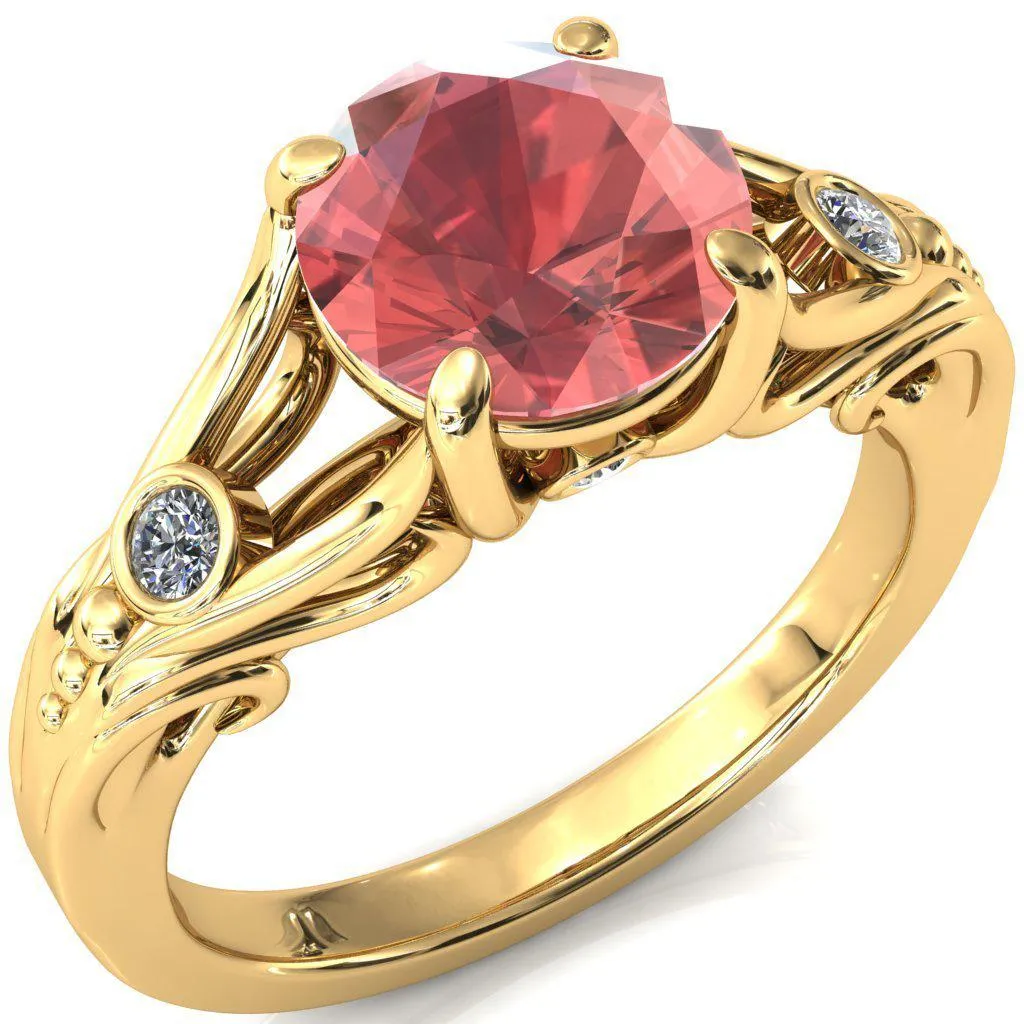 Aerolynn Round Padparadscha Sapphire 4 Prong Diamond Accent Engagement Ring