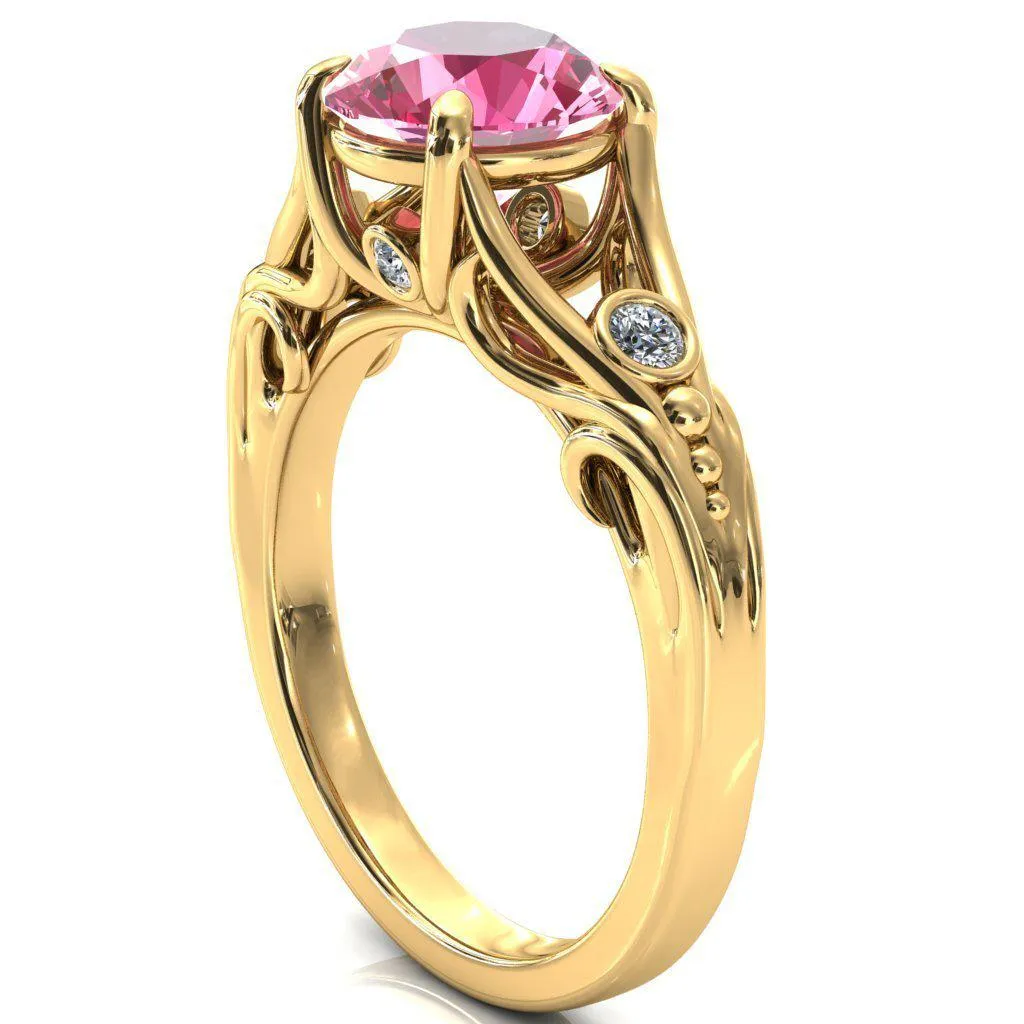 Aerolynn Round Pink Sapphire 4 Prong Diamond Accent Engagement Ring