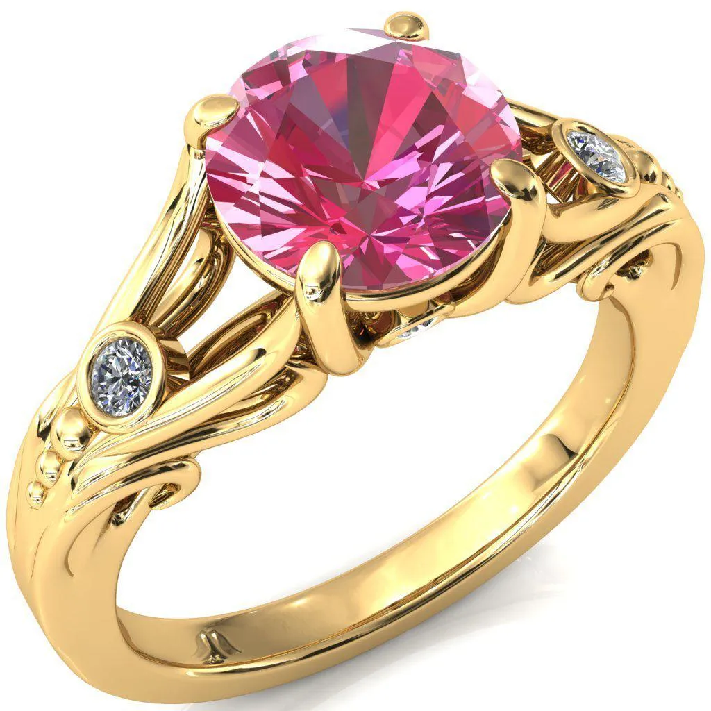 Aerolynn Round Pink Sapphire 4 Prong Diamond Accent Engagement Ring