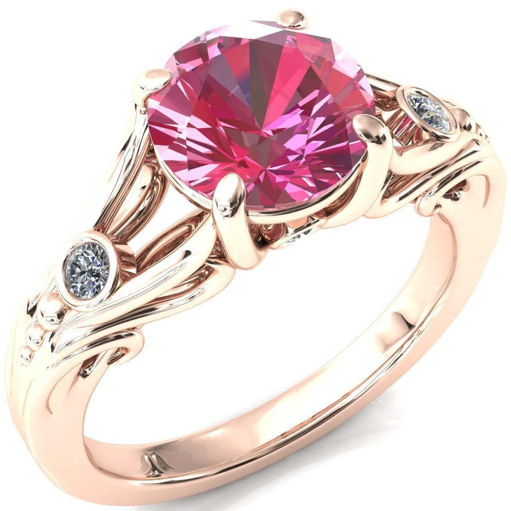 Aerolynn Round Pink Sapphire 4 Prong Diamond Accent Engagement Ring