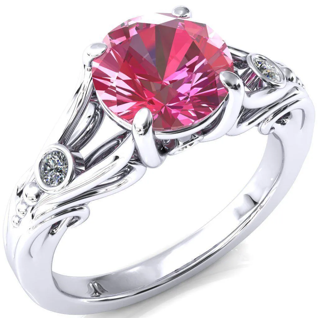 Aerolynn Round Pink Sapphire 4 Prong Diamond Accent Engagement Ring