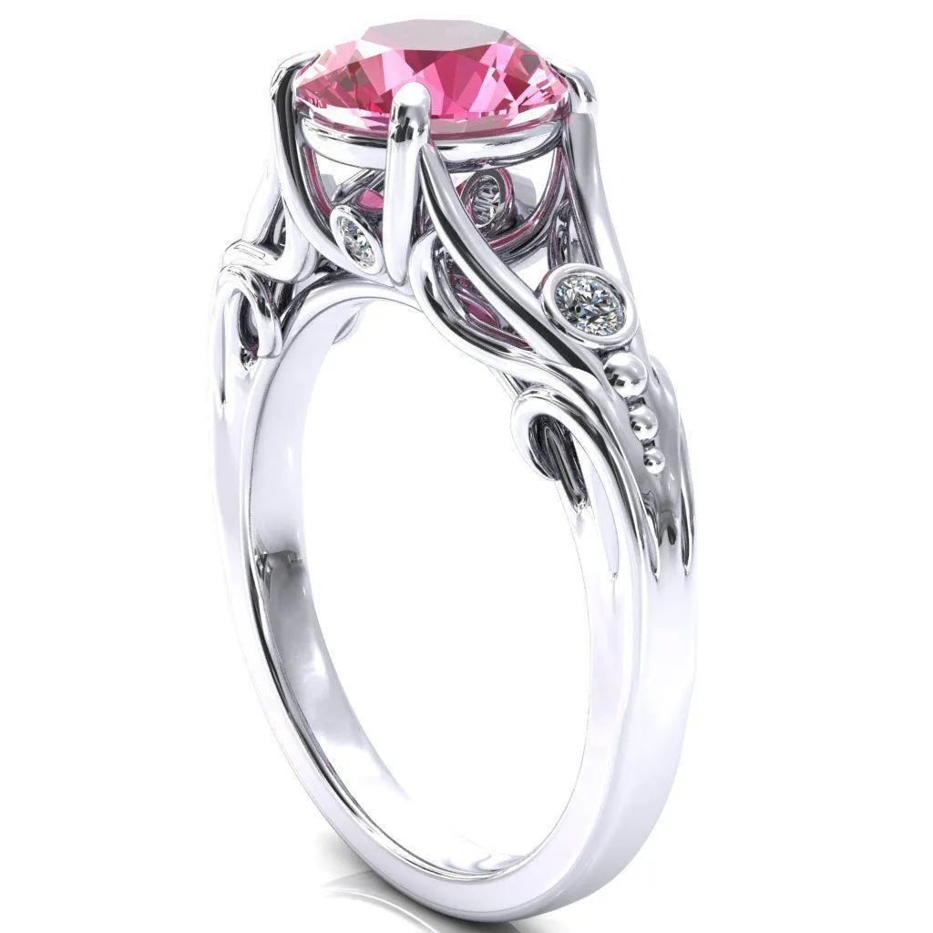 Aerolynn Round Pink Sapphire 4 Prong Diamond Accent Engagement Ring