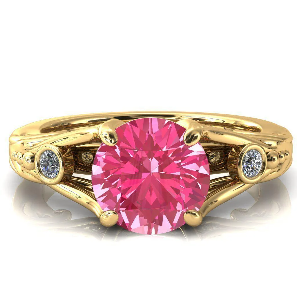 Aerolynn Round Pink Sapphire 4 Prong Diamond Accent Engagement Ring