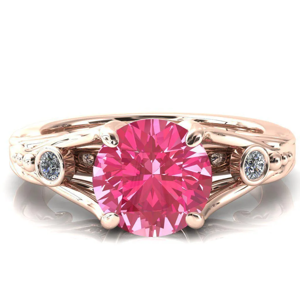 Aerolynn Round Pink Sapphire 4 Prong Diamond Accent Engagement Ring