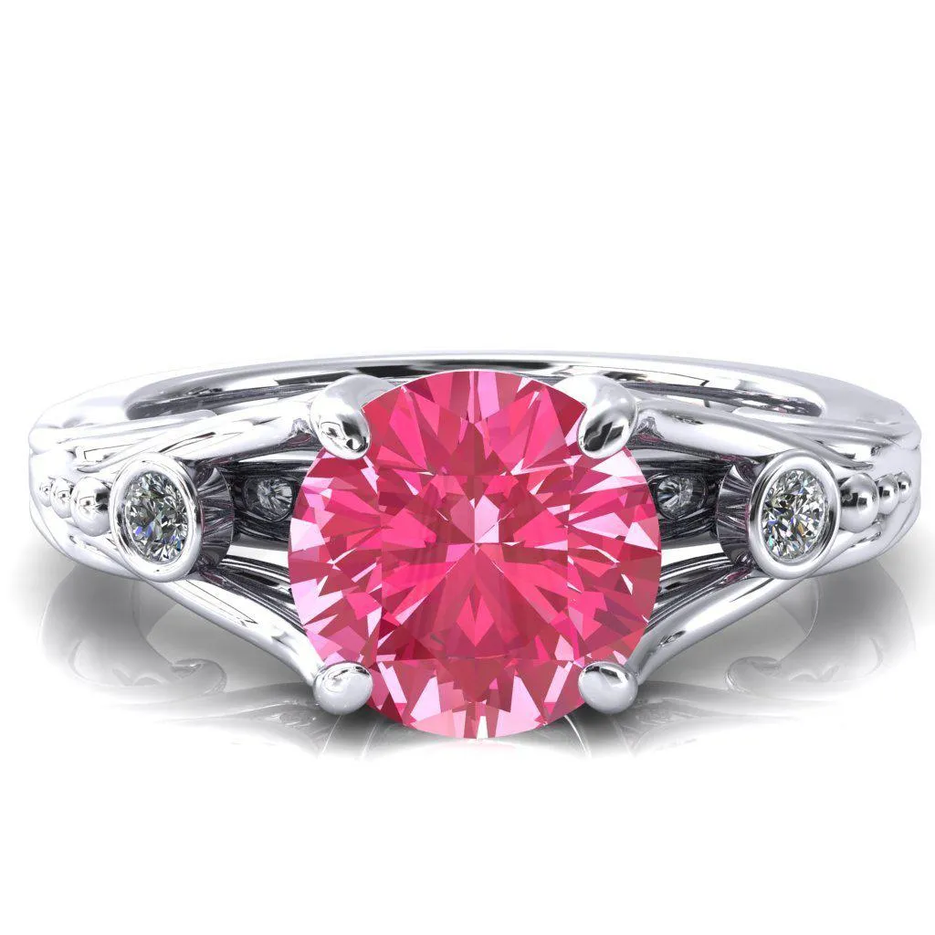 Aerolynn Round Pink Sapphire 4 Prong Diamond Accent Engagement Ring