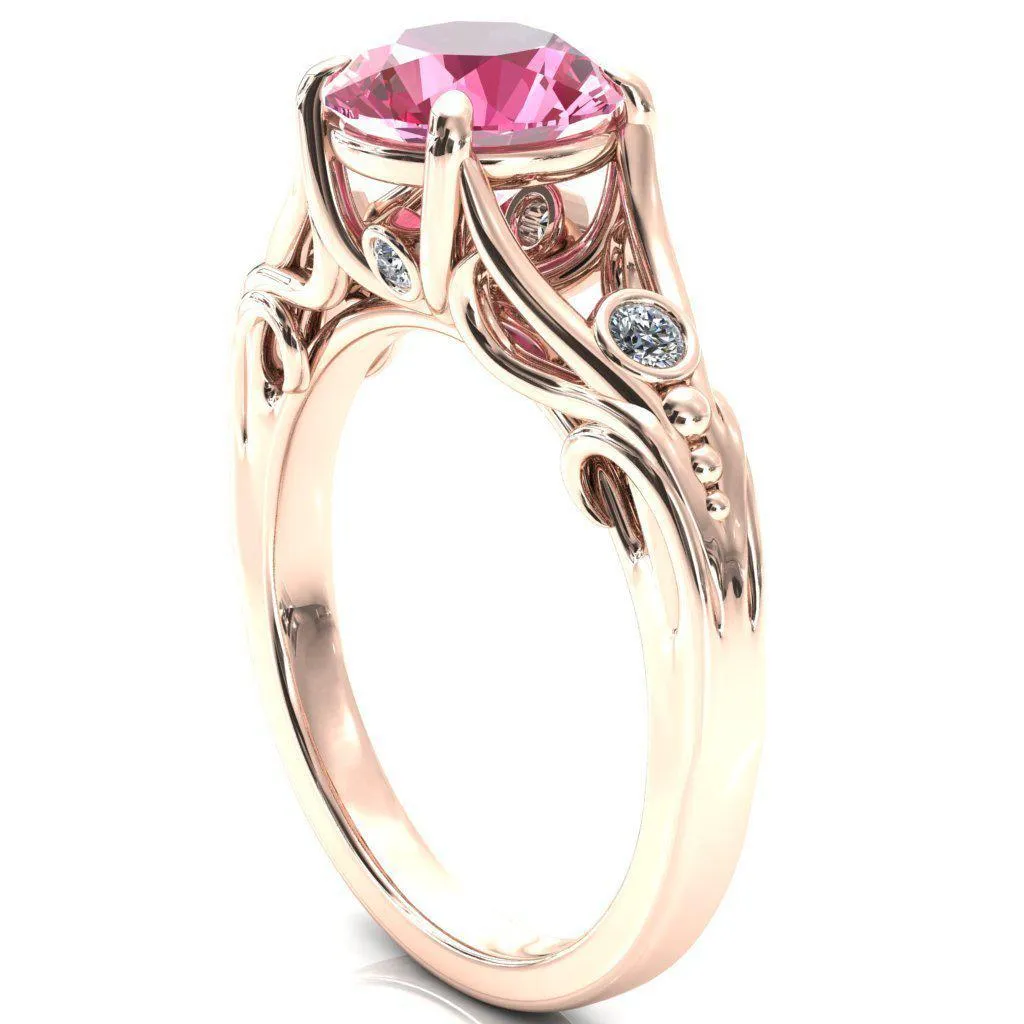 Aerolynn Round Pink Sapphire 4 Prong Diamond Accent Engagement Ring