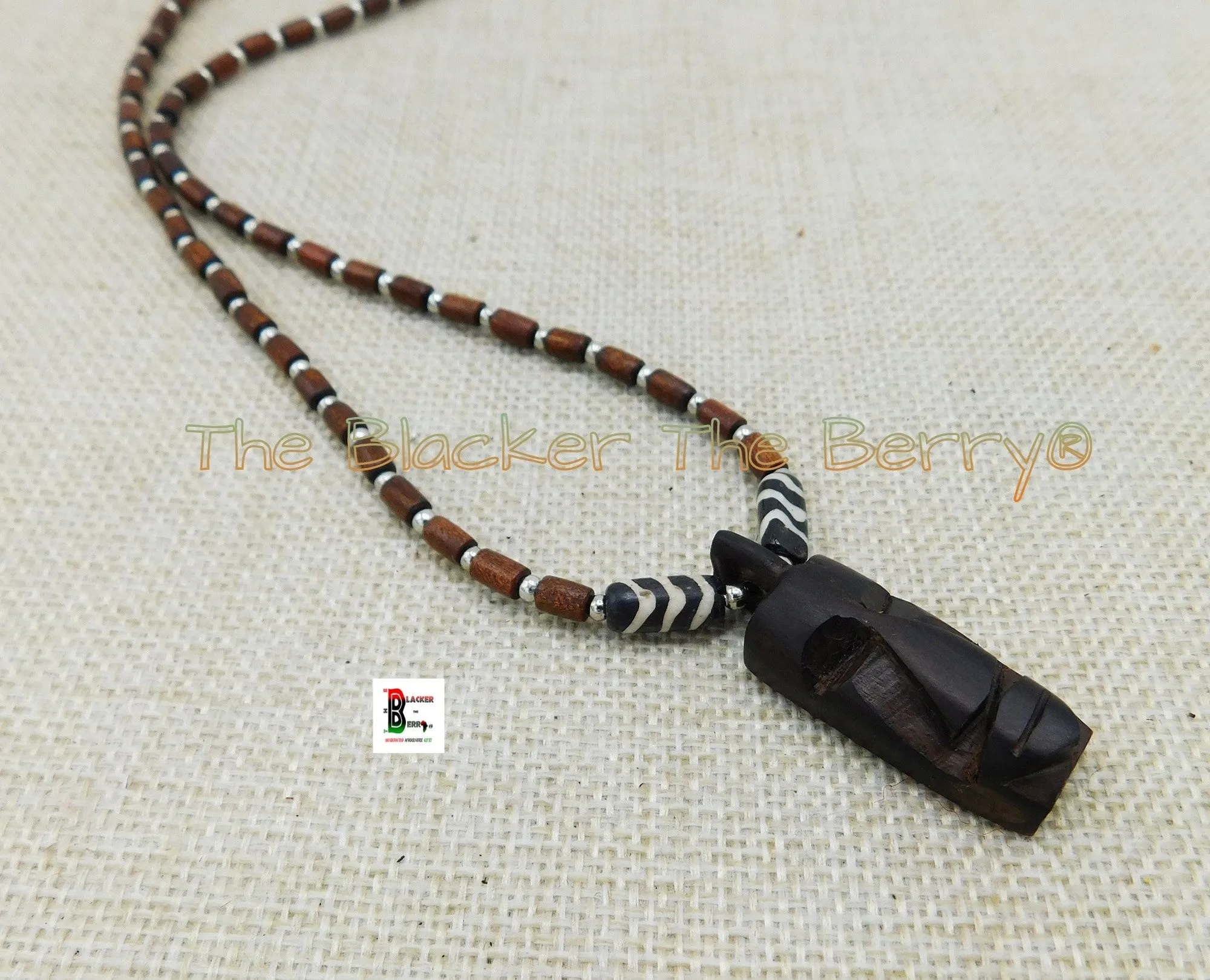 Africa Mask Face Necklace Small Carved Beaded Jewelry Black Owned