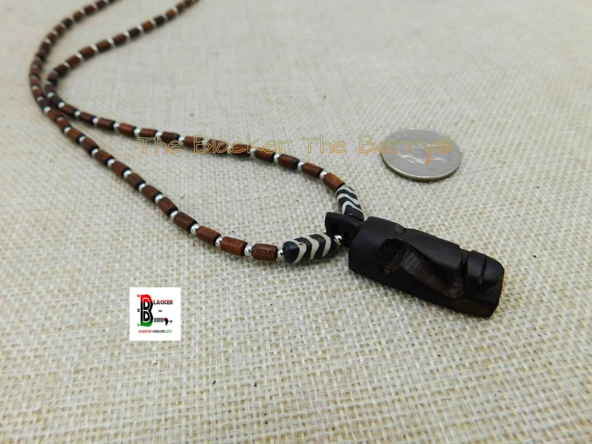 Africa Mask Face Necklace Small Carved Beaded Jewelry Black Owned
