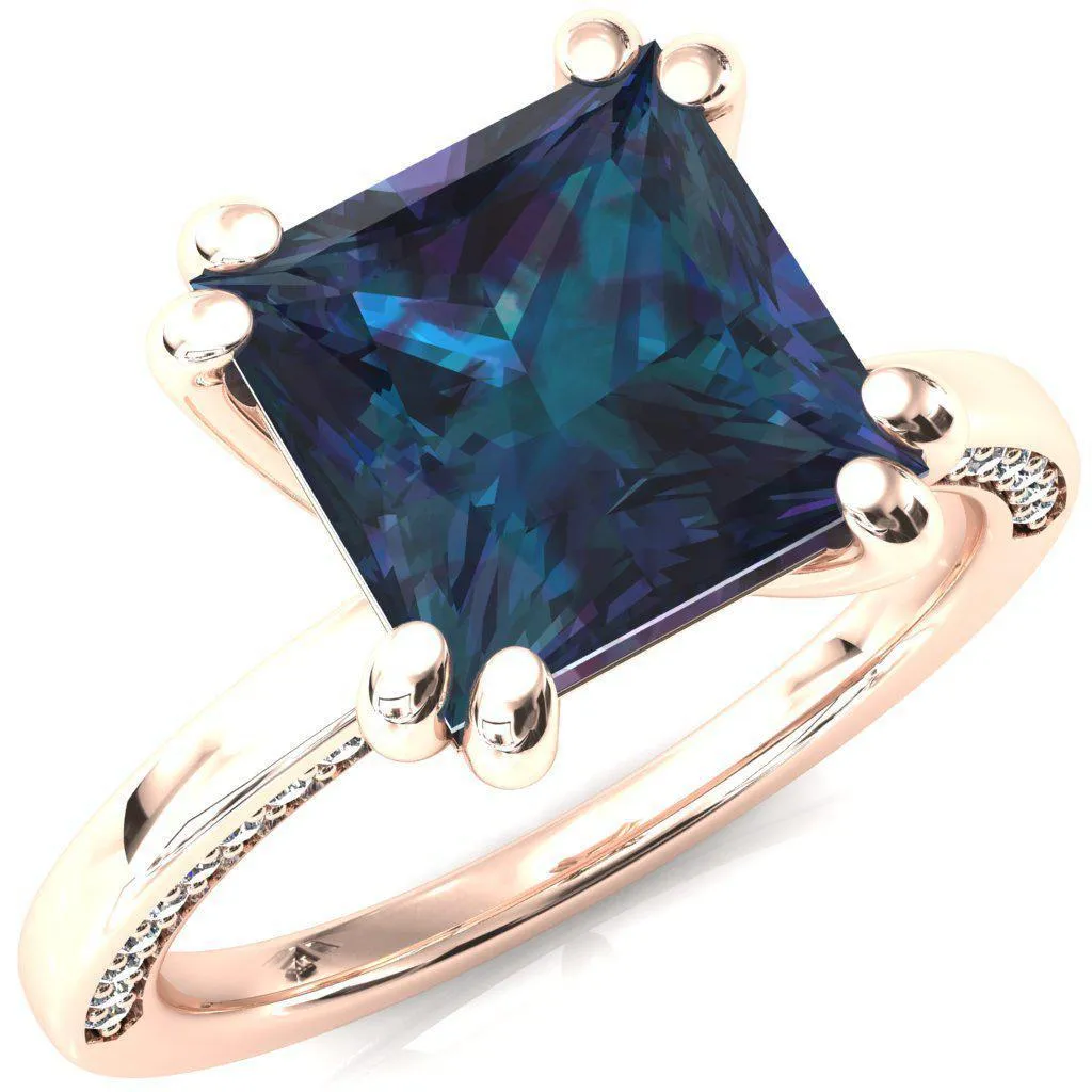 Ain Princess Alexandrite 4 Double Prong Single Rail Diamond Accent Engagement Ring