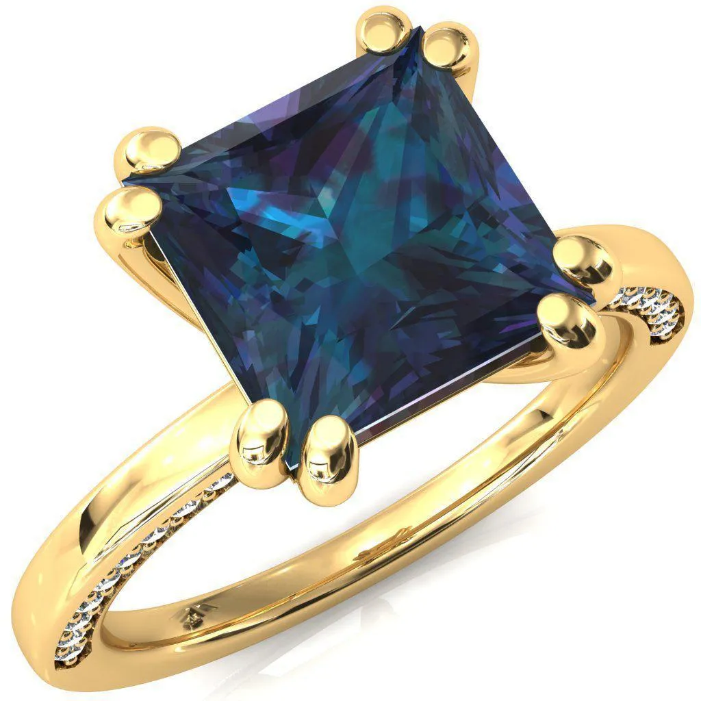 Ain Princess Alexandrite 4 Double Prong Single Rail Diamond Accent Engagement Ring