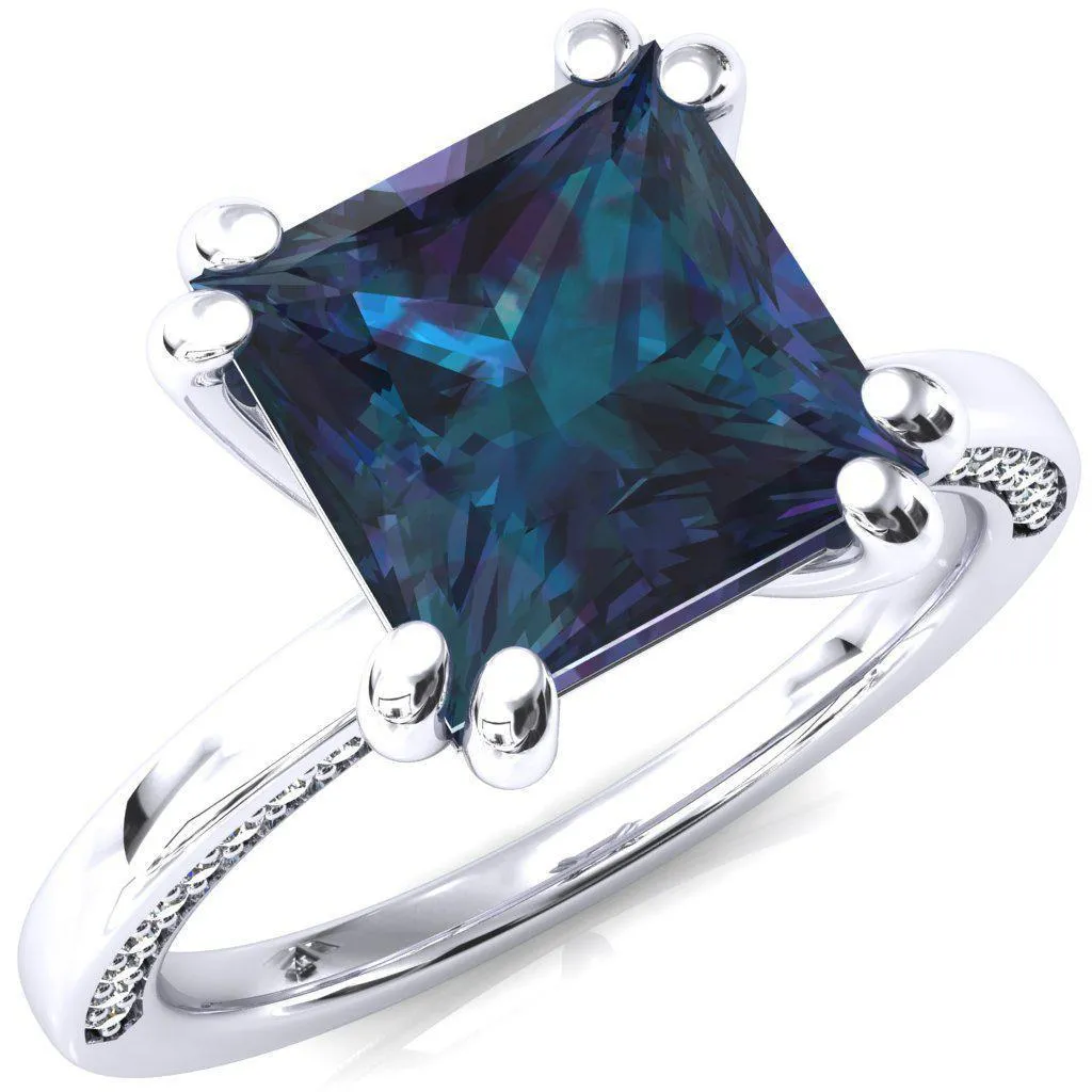 Ain Princess Alexandrite 4 Double Prong Single Rail Diamond Accent Engagement Ring